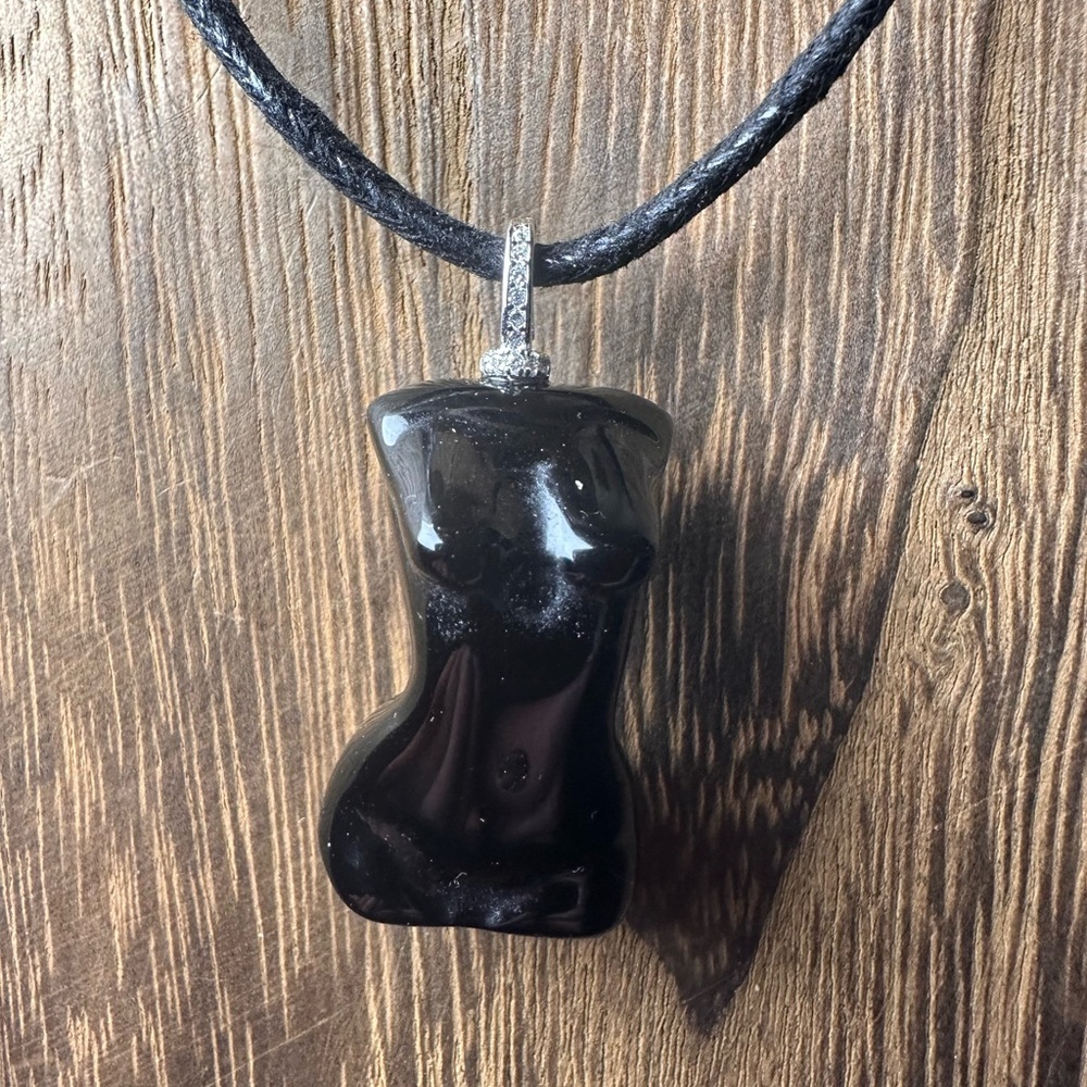 Black Obsidian Lady Body Pendant Necklace on Black Rope, Sterling Silver Bail - Picture 6 of 14